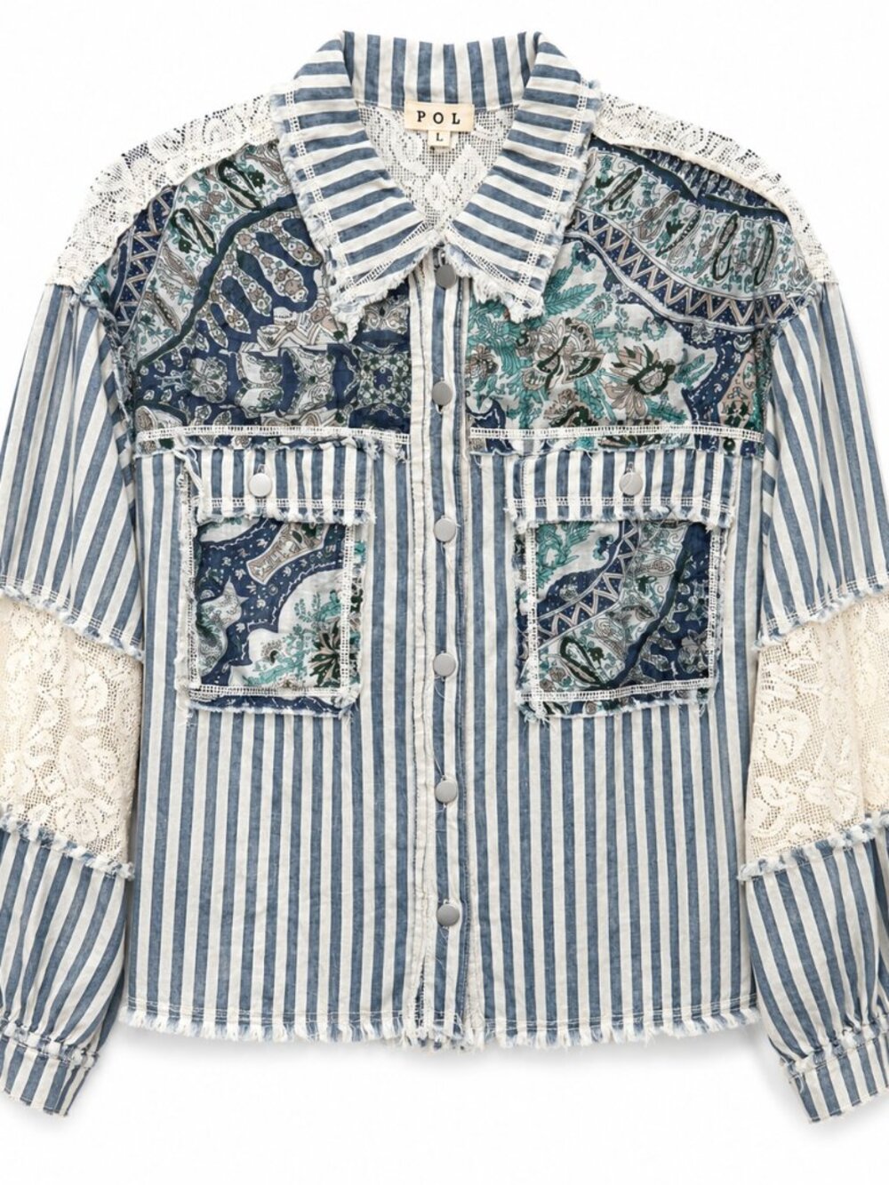POL Blue Striped Paisley Lace Patchwork Button-Down Shacket Size L - Picture 4 of 4